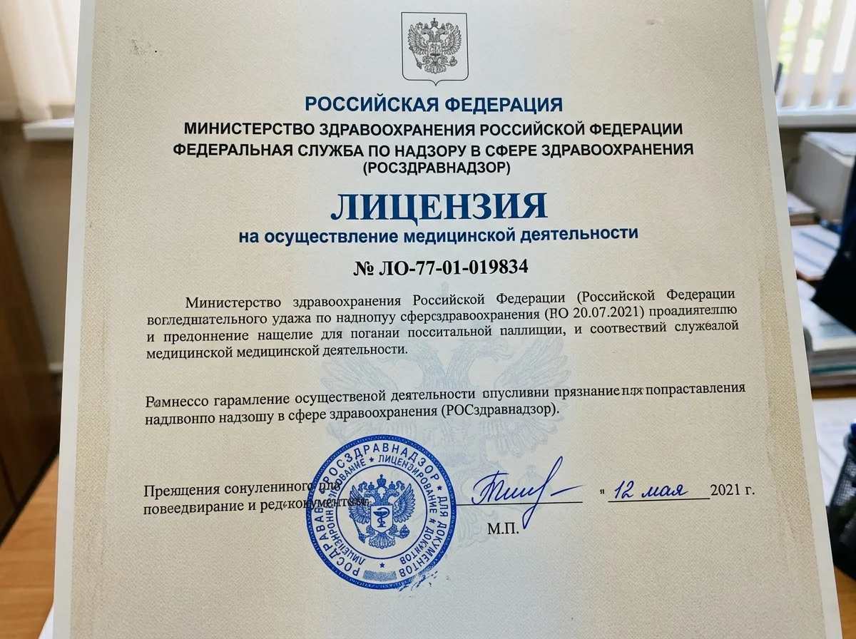 Лицензия Росздравнадзора № ЛО-77-01-019834 на осуществление медицинской деятельности, официальный бланк с печатью, синий и белый цвета